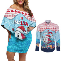Malta Christmas Couples Matching Off Shoulder Short Dress and Long Sleeve Button Shirt with Santa Fish Malta Flag Coral Reef and Red Blue Festive Pattern Design - Wonder Print Shop