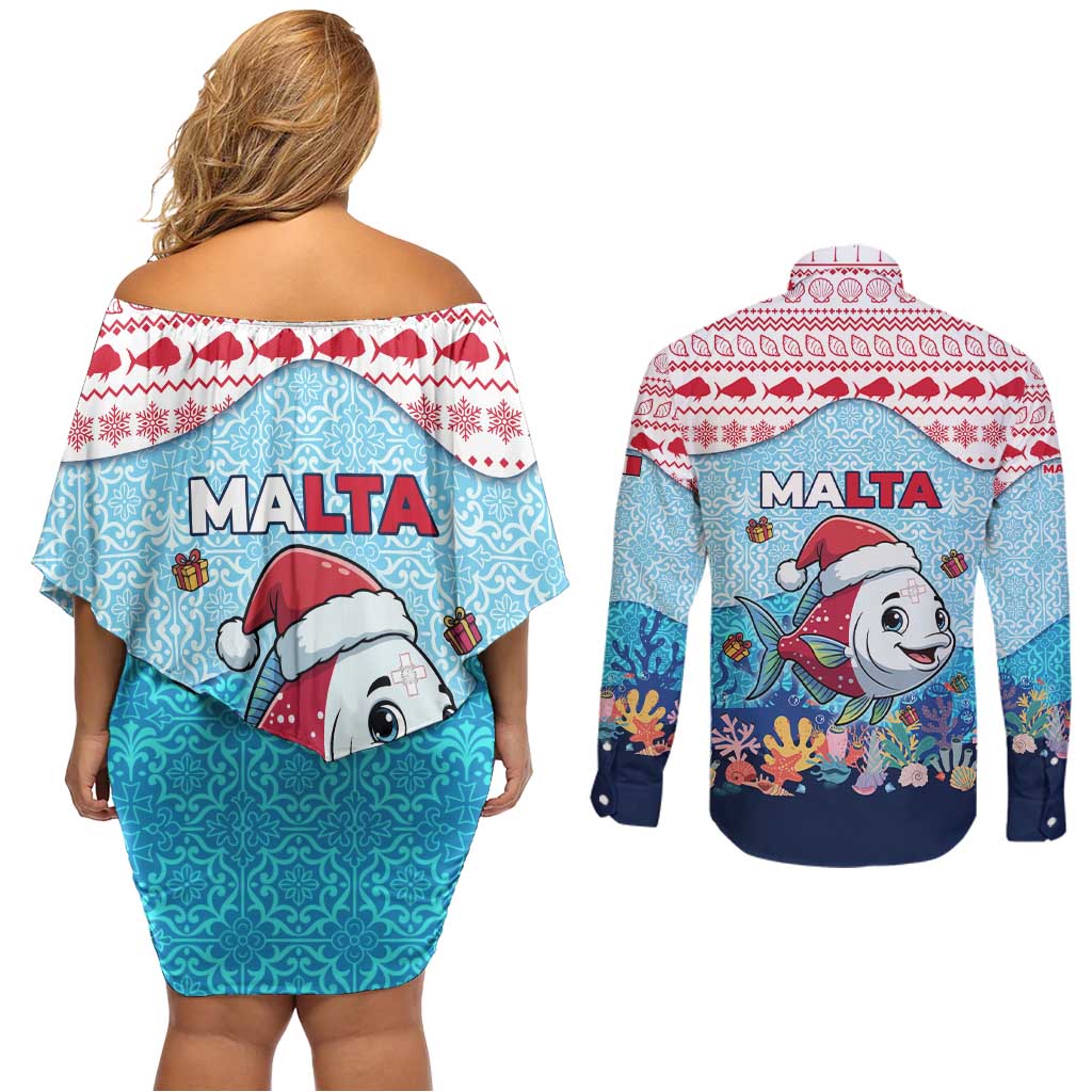 Malta Christmas Couples Matching Off Shoulder Short Dress and Long Sleeve Button Shirt with Santa Fish Malta Flag Coral Reef and Red Blue Festive Pattern Design - Wonder Print Shop