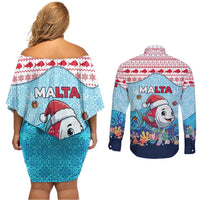 Malta Christmas Couples Matching Off Shoulder Short Dress and Long Sleeve Button Shirt with Santa Fish Malta Flag Coral Reef and Red Blue Festive Pattern Design - Wonder Print Shop