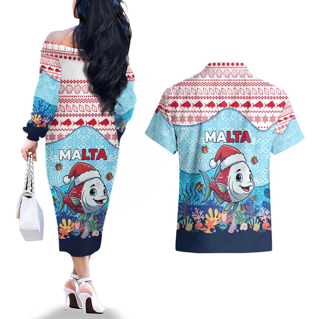 Malta Christmas Couples Matching Off The Shoulder Long Sleeve Dress and Hawaiian Shirt with Santa Fish Malta Flag Coral Reef and Red Blue Festive Pattern Design - Wonder Print Shop