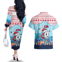 Malta Christmas Couples Matching Off The Shoulder Long Sleeve Dress and Hawaiian Shirt with Santa Fish Malta Flag Coral Reef and Red Blue Festive Pattern Design - Wonder Print Shop