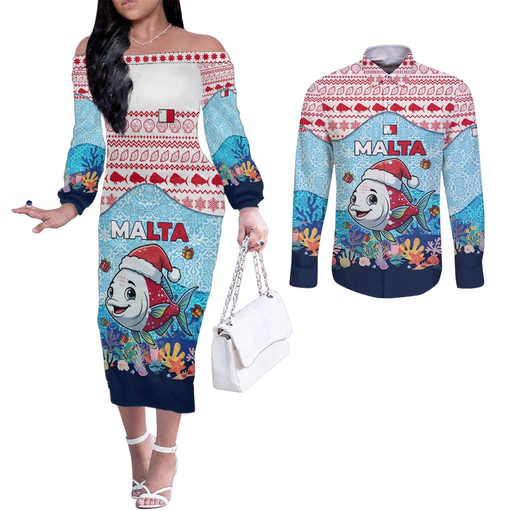 Malta Christmas Couples Matching Off The Shoulder Long Sleeve Dress and Long Sleeve Button Shirt with Santa Fish Malta Flag Coral Reef and Red Blue Festive Pattern Design - Wonder Print Shop