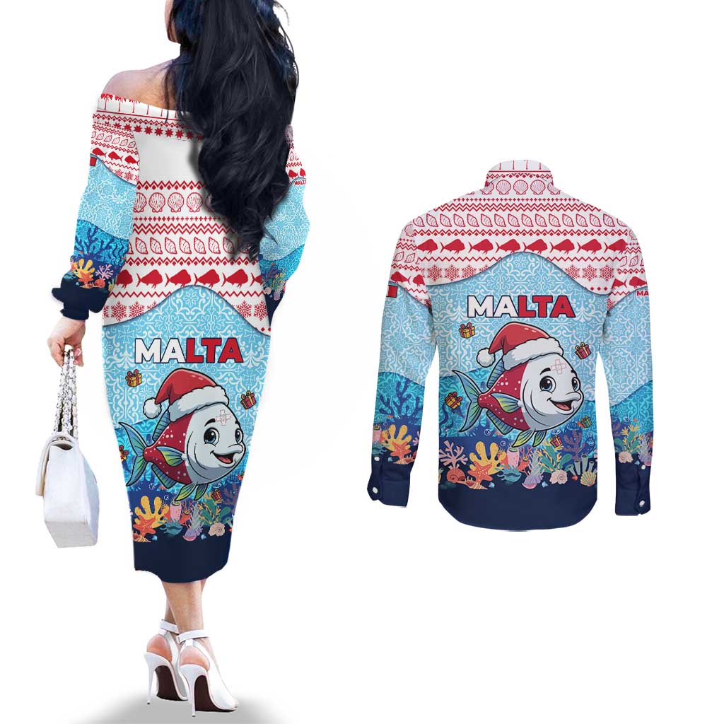 Malta Christmas Couples Matching Off The Shoulder Long Sleeve Dress and Long Sleeve Button Shirt with Santa Fish Malta Flag Coral Reef and Red Blue Festive Pattern Design - Wonder Print Shop