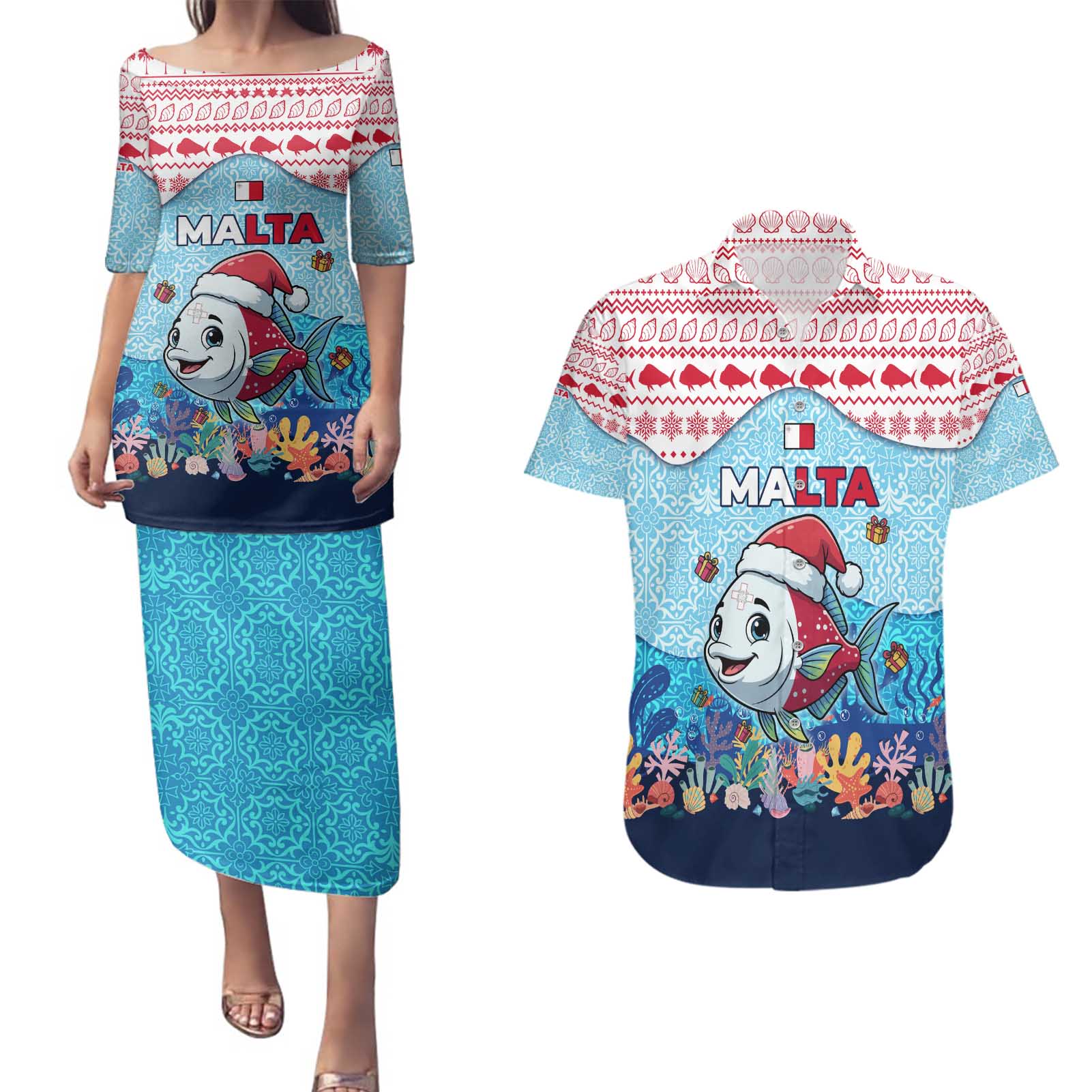 Malta Christmas Couples Matching Puletasi and Hawaiian Shirt with Santa Fish Malta Flag Coral Reef and Red Blue Festive Pattern Design - Wonder Print Shop