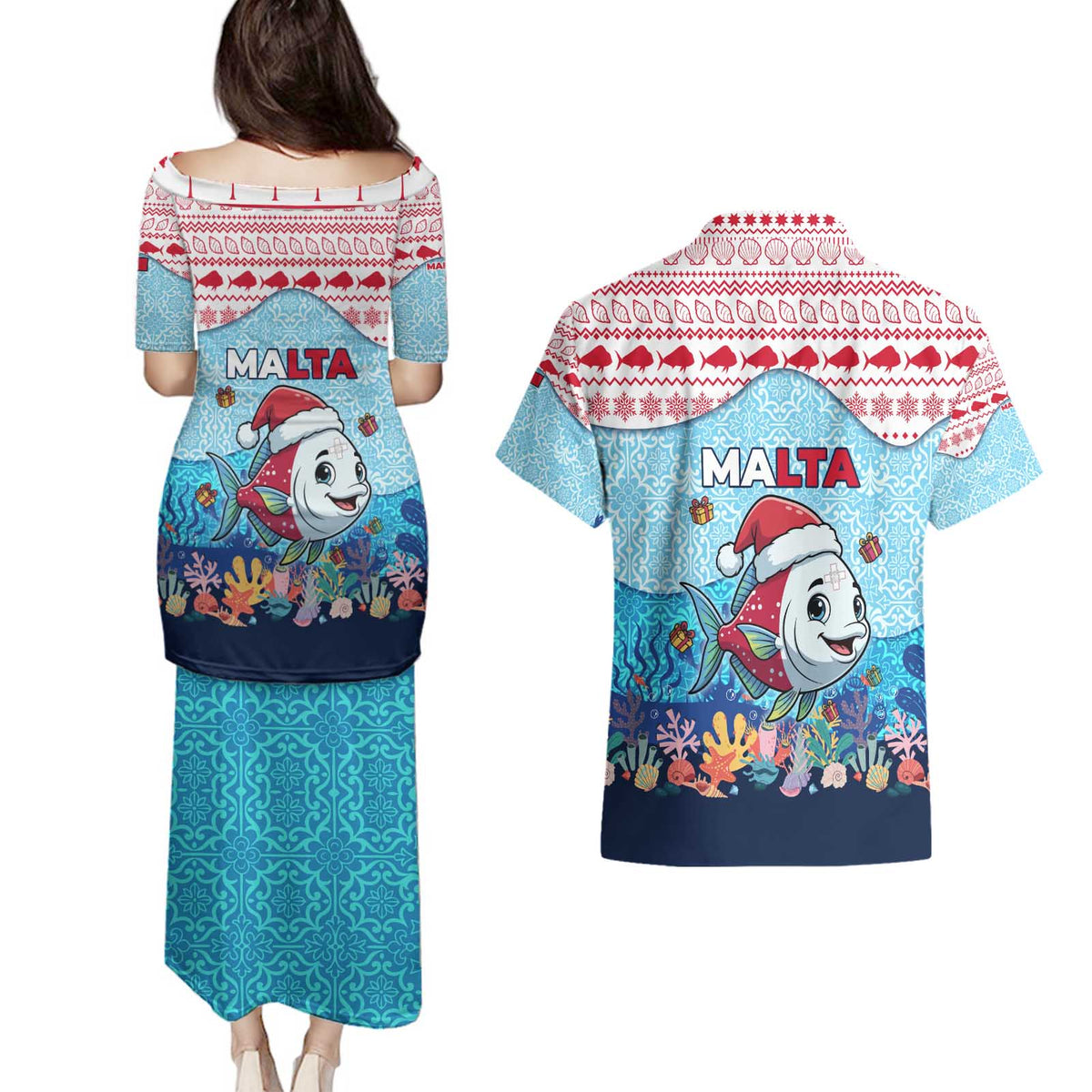 Malta Christmas Couples Matching Puletasi and Hawaiian Shirt with Santa Fish Malta Flag Coral Reef and Red Blue Festive Pattern Design - Wonder Print Shop
