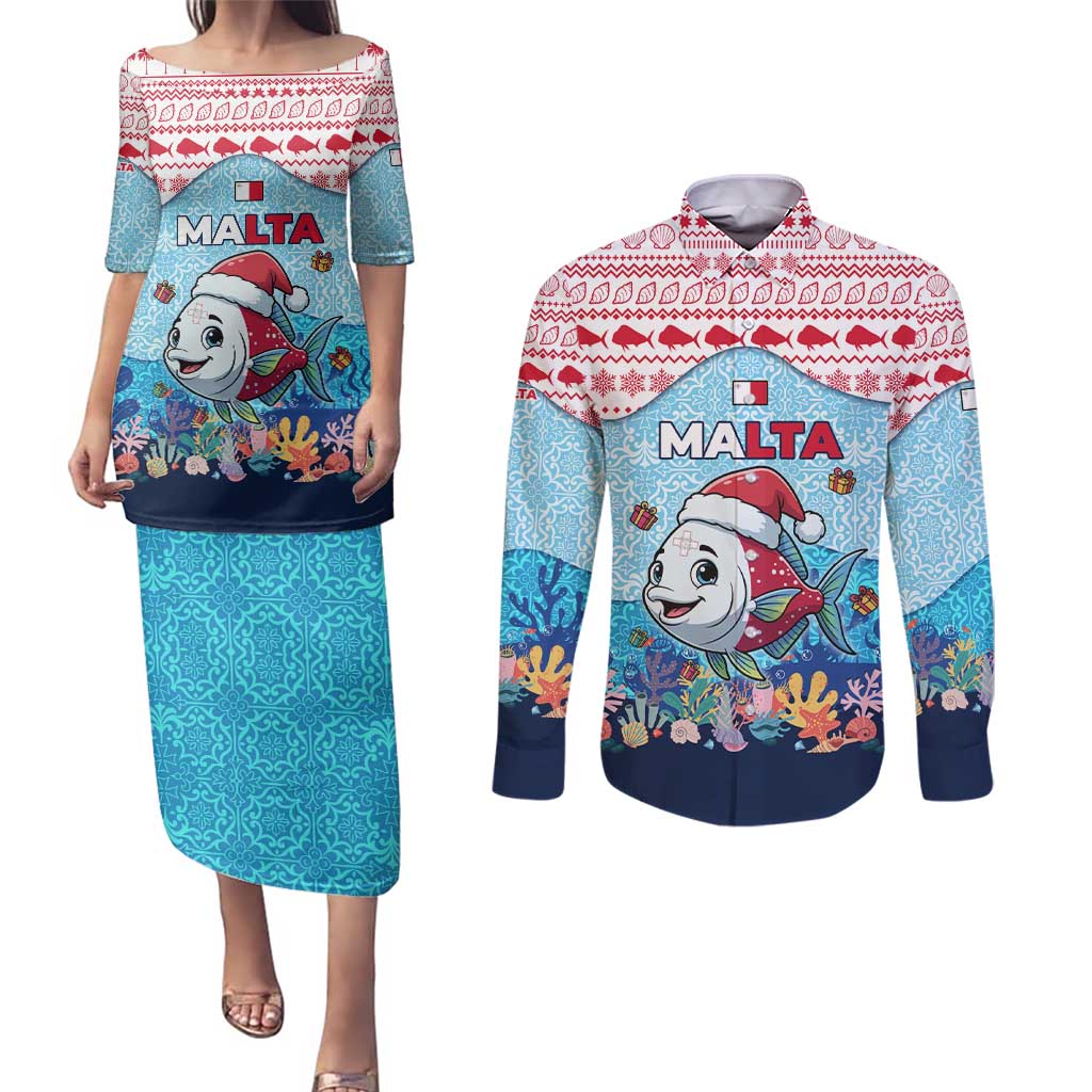 Malta Christmas Couples Matching Puletasi and Long Sleeve Button Shirt with Santa Fish Malta Flag Coral Reef and Red Blue Festive Pattern Design - Wonder Print Shop
