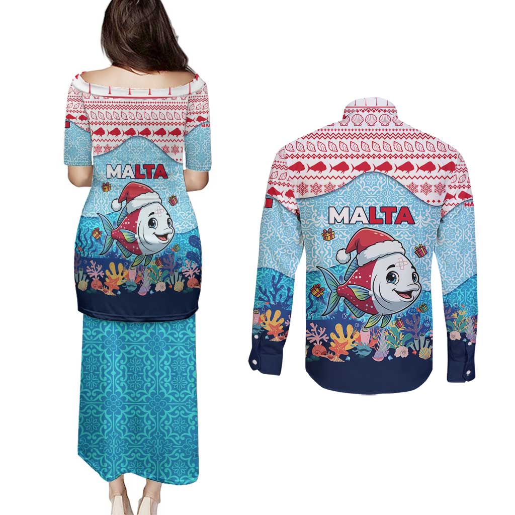 Malta Christmas Couples Matching Puletasi and Long Sleeve Button Shirt with Santa Fish Malta Flag Coral Reef and Red Blue Festive Pattern Design - Wonder Print Shop