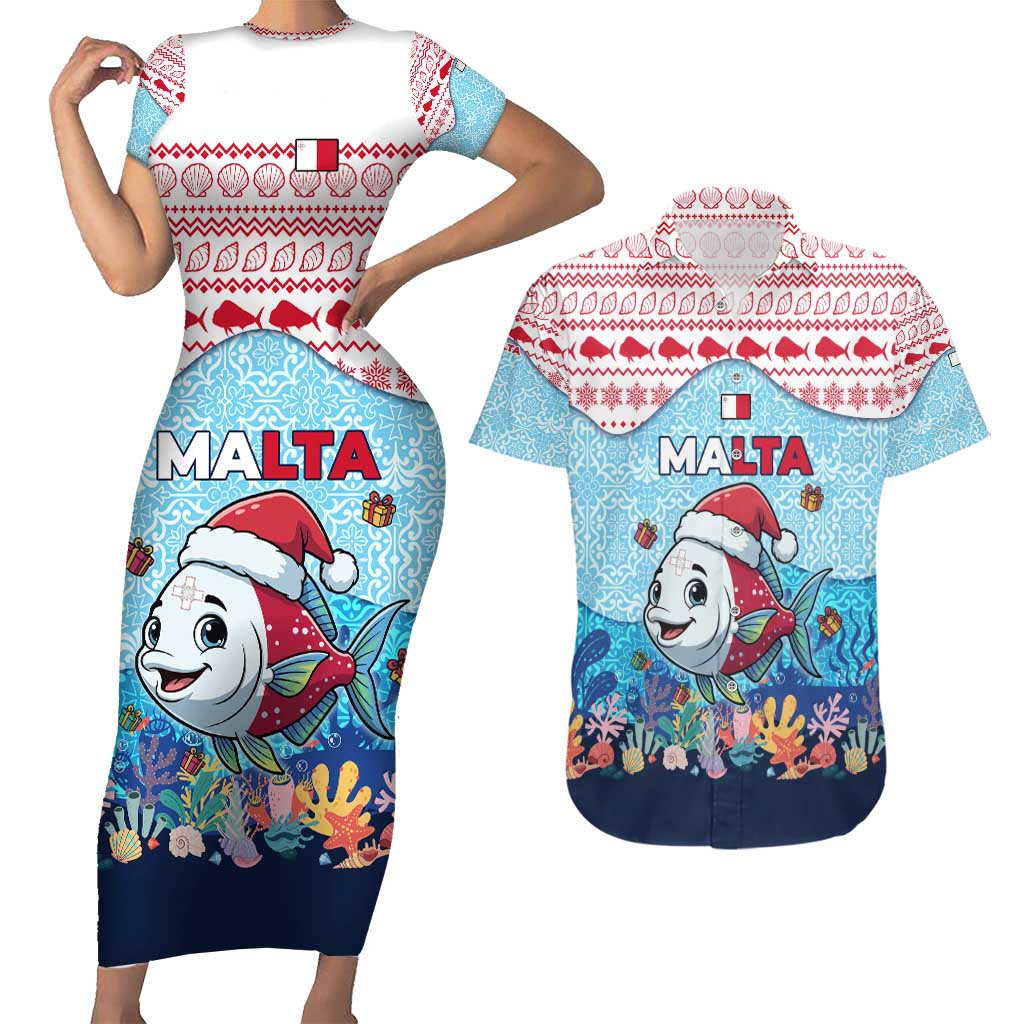 Malta Christmas Couples Matching Short Sleeve Bodycon Dress and Hawaiian Shirt with Santa Fish Malta Flag Coral Reef and Red Blue Festive Pattern Design - Wonder Print Shop