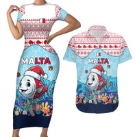 Malta Christmas Couples Matching Short Sleeve Bodycon Dress and Hawaiian Shirt with Santa Fish Malta Flag Coral Reef and Red Blue Festive Pattern Design - Wonder Print Shop