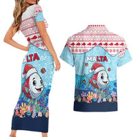 Malta Christmas Couples Matching Short Sleeve Bodycon Dress and Hawaiian Shirt with Santa Fish Malta Flag Coral Reef and Red Blue Festive Pattern Design - Wonder Print Shop