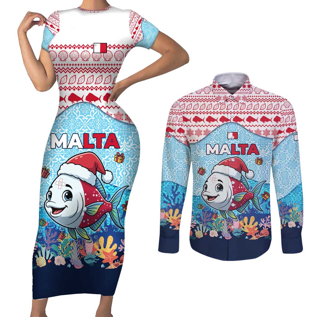 Malta Christmas Couples Matching Short Sleeve Bodycon Dress and Long Sleeve Button Shirt with Santa Fish Malta Flag Coral Reef and Red Blue Festive Pattern Design - Wonder Print Shop