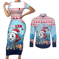 Malta Christmas Couples Matching Short Sleeve Bodycon Dress and Long Sleeve Button Shirt with Santa Fish Malta Flag Coral Reef and Red Blue Festive Pattern Design - Wonder Print Shop