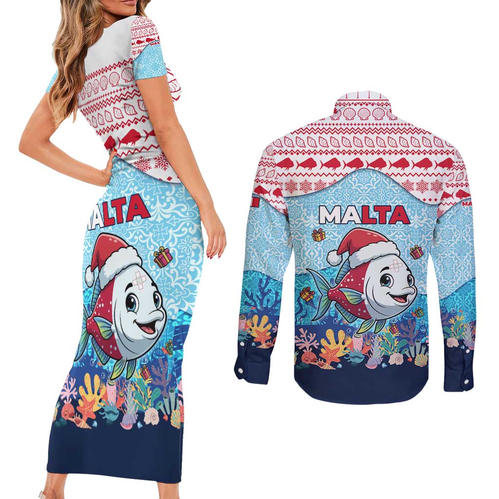 Malta Christmas Couples Matching Short Sleeve Bodycon Dress and Long Sleeve Button Shirt with Santa Fish Malta Flag Coral Reef and Red Blue Festive Pattern Design - Wonder Print Shop