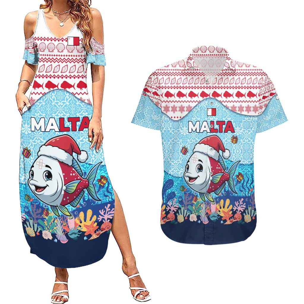 Malta Christmas Couples Matching Summer Maxi Dress and Hawaiian Shirt with Santa Fish Malta Flag Coral Reef and Red Blue Festive Pattern Design - Wonder Print Shop