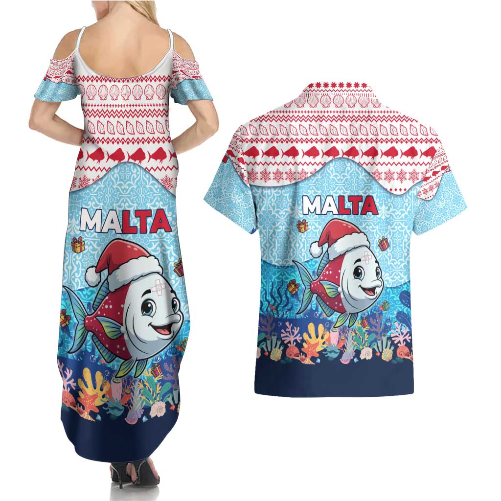 Malta Christmas Couples Matching Summer Maxi Dress and Hawaiian Shirt with Santa Fish Malta Flag Coral Reef and Red Blue Festive Pattern Design - Wonder Print Shop