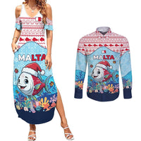 Malta Christmas Couples Matching Summer Maxi Dress and Long Sleeve Button Shirt with Santa Fish Malta Flag Coral Reef and Red Blue Festive Pattern Design - Wonder Print Shop