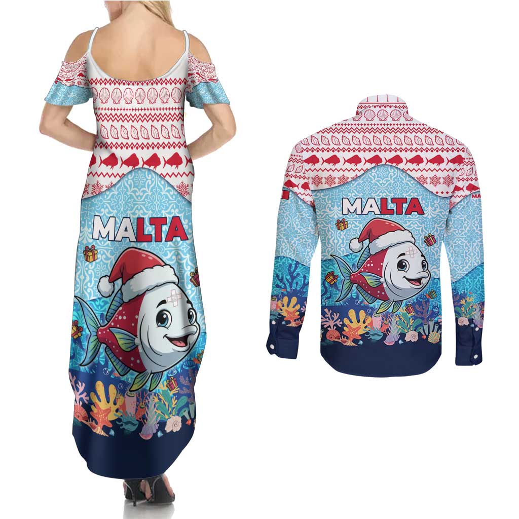 Malta Christmas Couples Matching Summer Maxi Dress and Long Sleeve Button Shirt with Santa Fish Malta Flag Coral Reef and Red Blue Festive Pattern Design - Wonder Print Shop