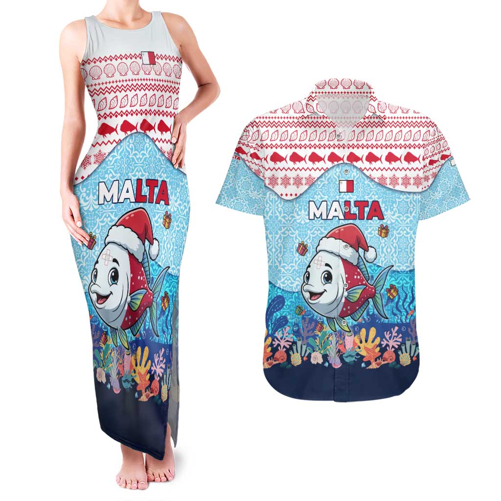 Malta Christmas Couples Matching Tank Maxi Dress and Hawaiian Shirt with Santa Fish Malta Flag Coral Reef and Red Blue Festive Pattern Design - Wonder Print Shop