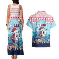 Malta Christmas Couples Matching Tank Maxi Dress and Hawaiian Shirt with Santa Fish Malta Flag Coral Reef and Red Blue Festive Pattern Design - Wonder Print Shop