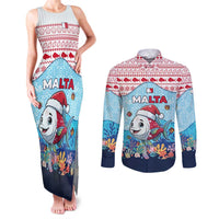 Malta Christmas Couples Matching Tank Maxi Dress and Long Sleeve Button Shirt with Santa Fish Malta Flag Coral Reef and Red Blue Festive Pattern Design - Wonder Print Shop