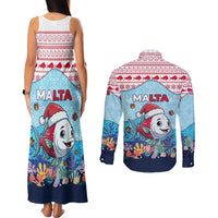 Malta Christmas Couples Matching Tank Maxi Dress and Long Sleeve Button Shirt with Santa Fish Malta Flag Coral Reef and Red Blue Festive Pattern Design - Wonder Print Shop