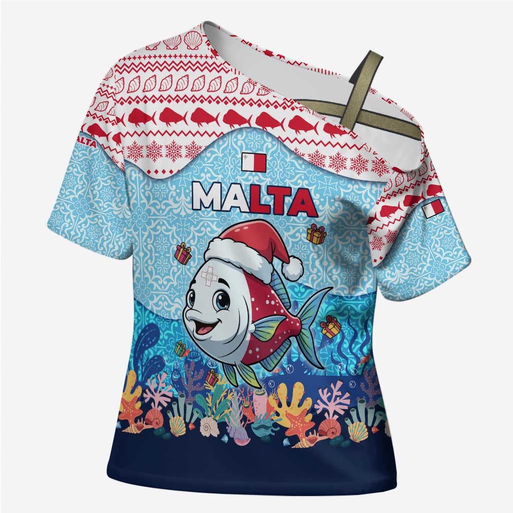 Malta Christmas Cross Shoulder Shirt with Santa Fish Malta Flag Coral Reef and Red Blue Festive Pattern Design - Wonder Print Shop