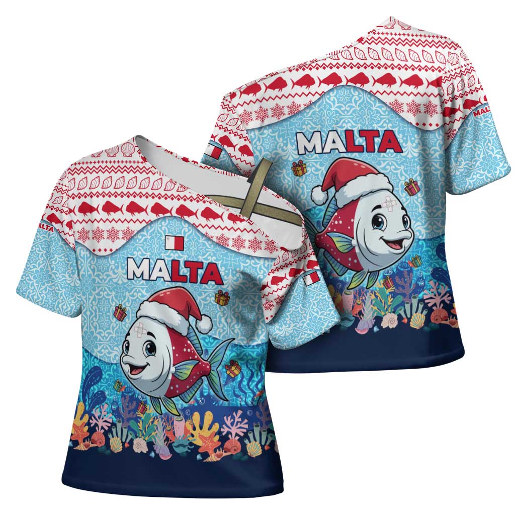 Malta Christmas Cross Shoulder Shirt with Santa Fish Malta Flag Coral Reef and Red Blue Festive Pattern Design - Wonder Print Shop