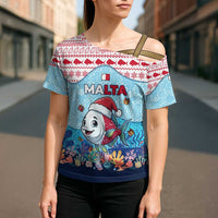 Malta Christmas Cross Shoulder Shirt with Santa Fish Malta Flag Coral Reef and Red Blue Festive Pattern Design - Wonder Print Shop