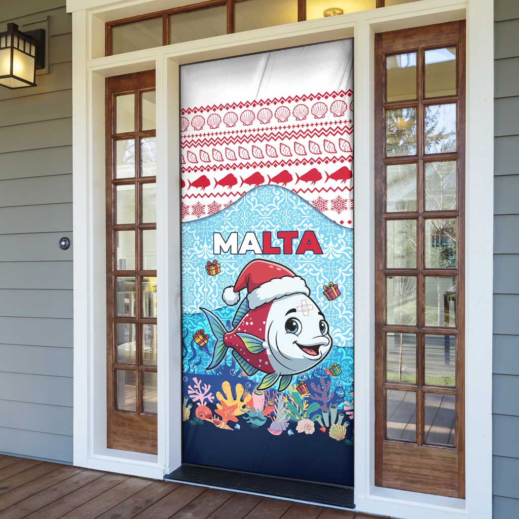 Malta Christmas Door Cover with Santa Fish Malta Flag Coral Reef and Red Blue Festive Pattern Design - Wonder Print Shop