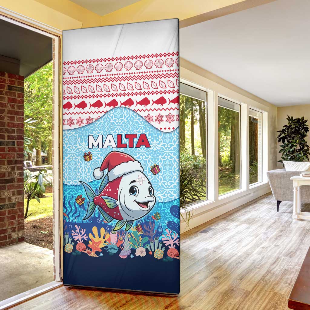 Malta Christmas Door Cover with Santa Fish Malta Flag Coral Reef and Red Blue Festive Pattern Design - Wonder Print Shop