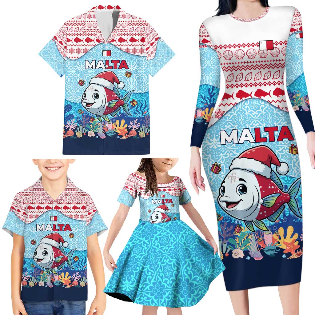 Malta Christmas Family Matching Long Sleeve Bodycon Dress and Hawaiian Shirt with Santa Fish Malta Flag Coral Reef and Red Blue Festive Pattern Design - Wonder Print Shop