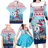 Malta Christmas Family Matching Long Sleeve Bodycon Dress and Hawaiian Shirt with Santa Fish Malta Flag Coral Reef and Red Blue Festive Pattern Design - Wonder Print Shop