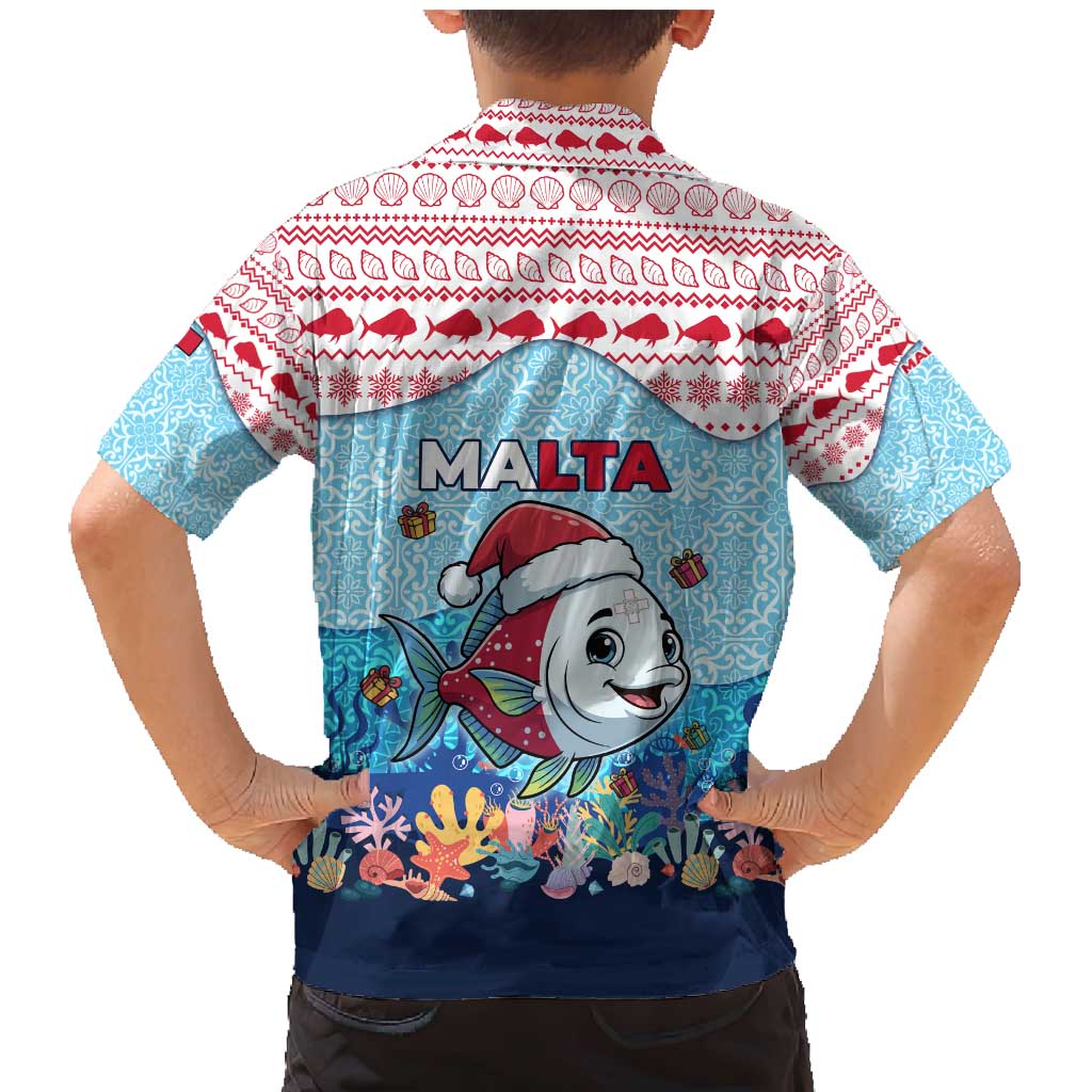 Malta Christmas Family Matching Mermaid Dress and Hawaiian Shirt with Santa Fish Malta Flag Coral Reef and Red Blue Festive Pattern Design - Wonder Print Shop