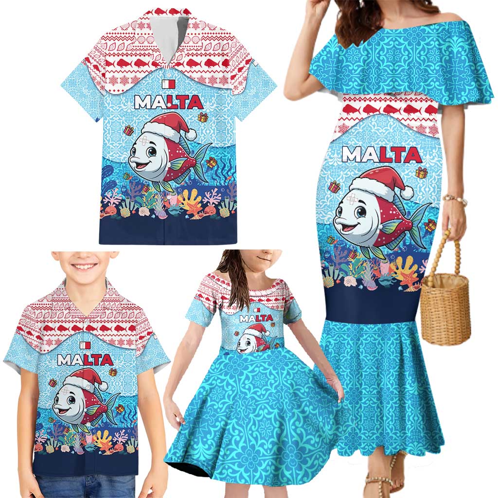 Malta Christmas Family Matching Mermaid Dress and Hawaiian Shirt with Santa Fish Malta Flag Coral Reef and Red Blue Festive Pattern Design - Wonder Print Shop
