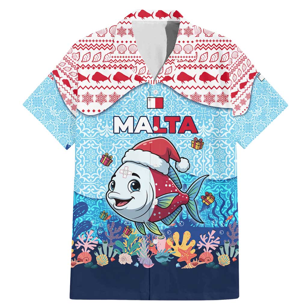 Malta Christmas Family Matching Mermaid Dress and Hawaiian Shirt with Santa Fish Malta Flag Coral Reef and Red Blue Festive Pattern Design - Wonder Print Shop
