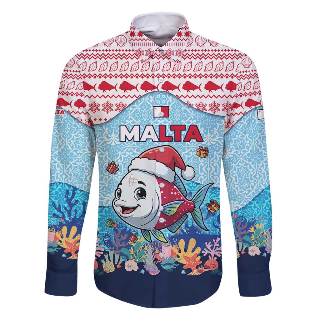 Malta Christmas Family Matching Mermaid Dress and Hawaiian Shirt with Santa Fish Malta Flag Coral Reef and Red Blue Festive Pattern Design - Wonder Print Shop