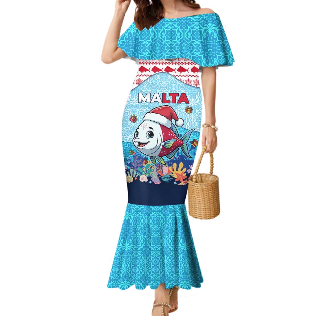 Malta Christmas Family Matching Mermaid Dress and Hawaiian Shirt with Santa Fish Malta Flag Coral Reef and Red Blue Festive Pattern Design - Wonder Print Shop