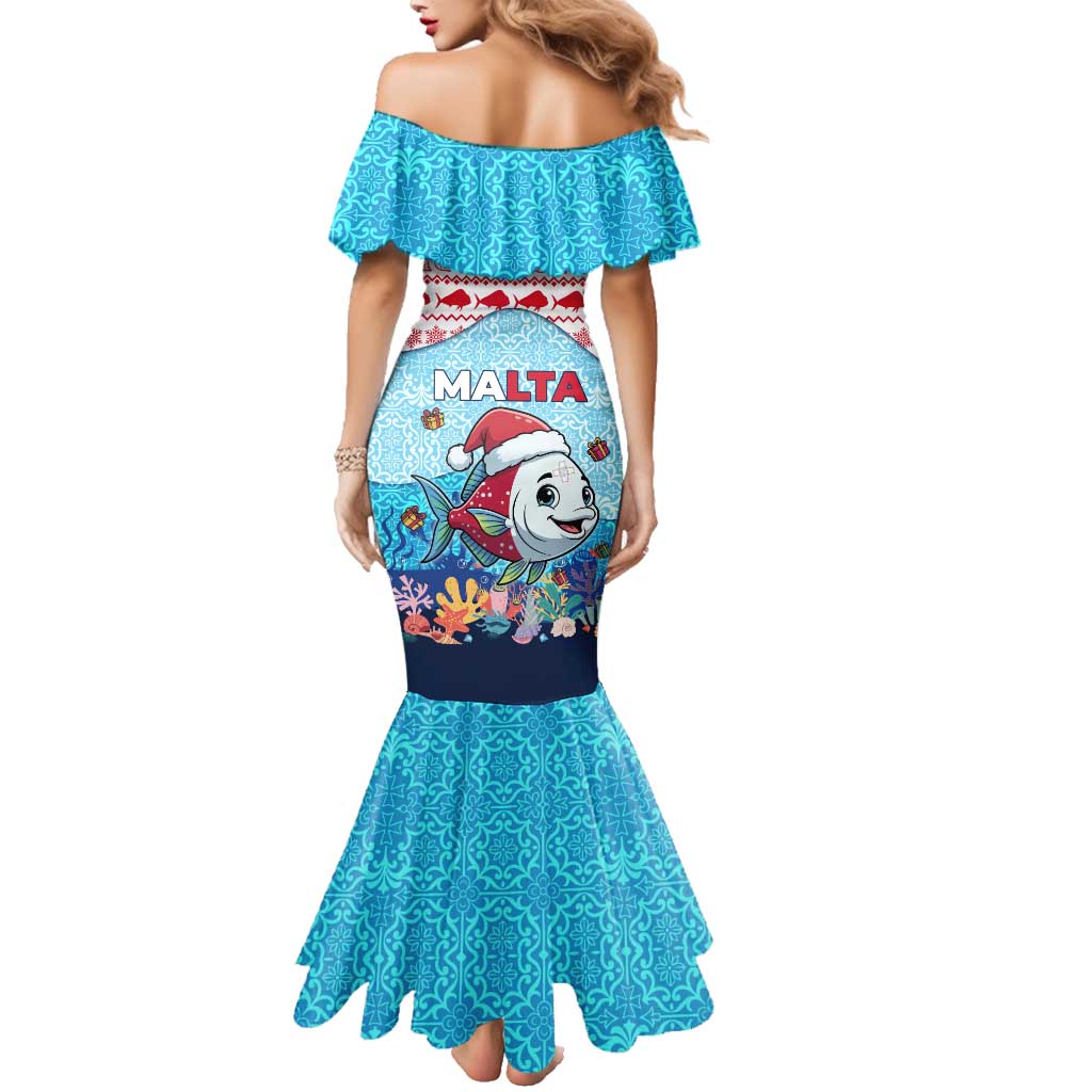 Malta Christmas Family Matching Mermaid Dress and Hawaiian Shirt with Santa Fish Malta Flag Coral Reef and Red Blue Festive Pattern Design - Wonder Print Shop