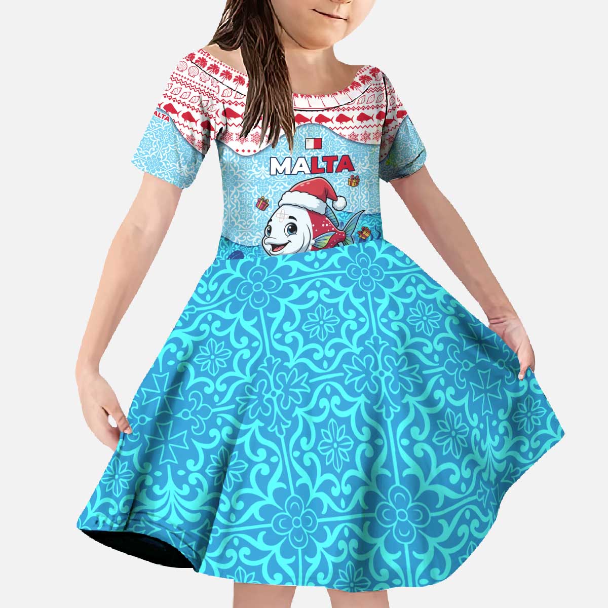 Malta Christmas Family Matching Off The Shoulder Long Sleeve Dress and Hawaiian Shirt with Santa Fish Malta Flag Coral Reef and Red Blue Festive Pattern Design - Wonder Print Shop