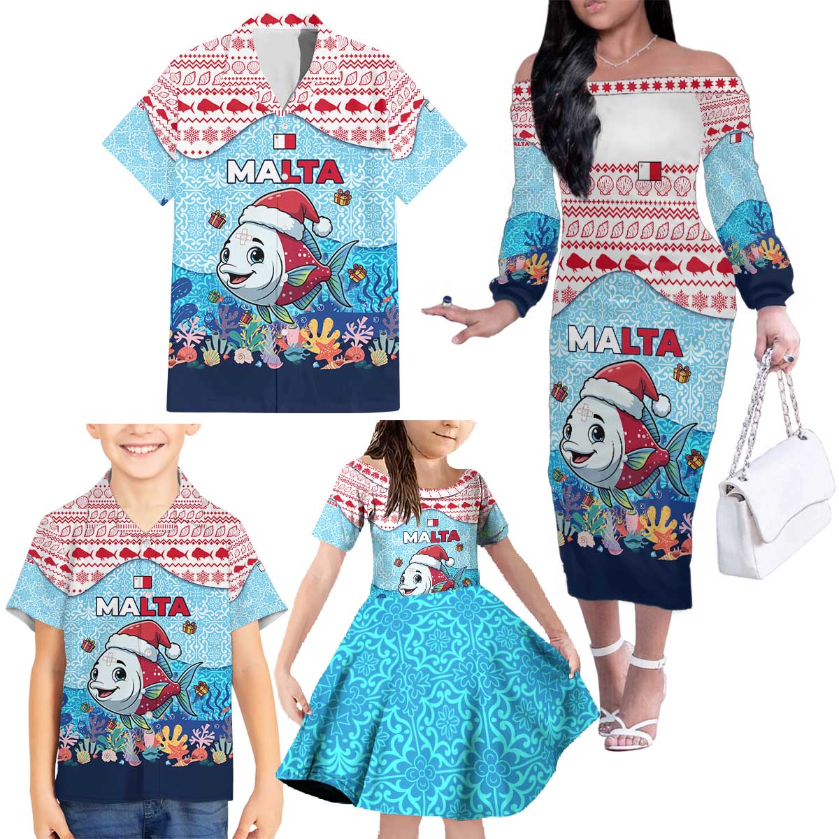 Malta Christmas Family Matching Off The Shoulder Long Sleeve Dress and Hawaiian Shirt with Santa Fish Malta Flag Coral Reef and Red Blue Festive Pattern Design - Wonder Print Shop