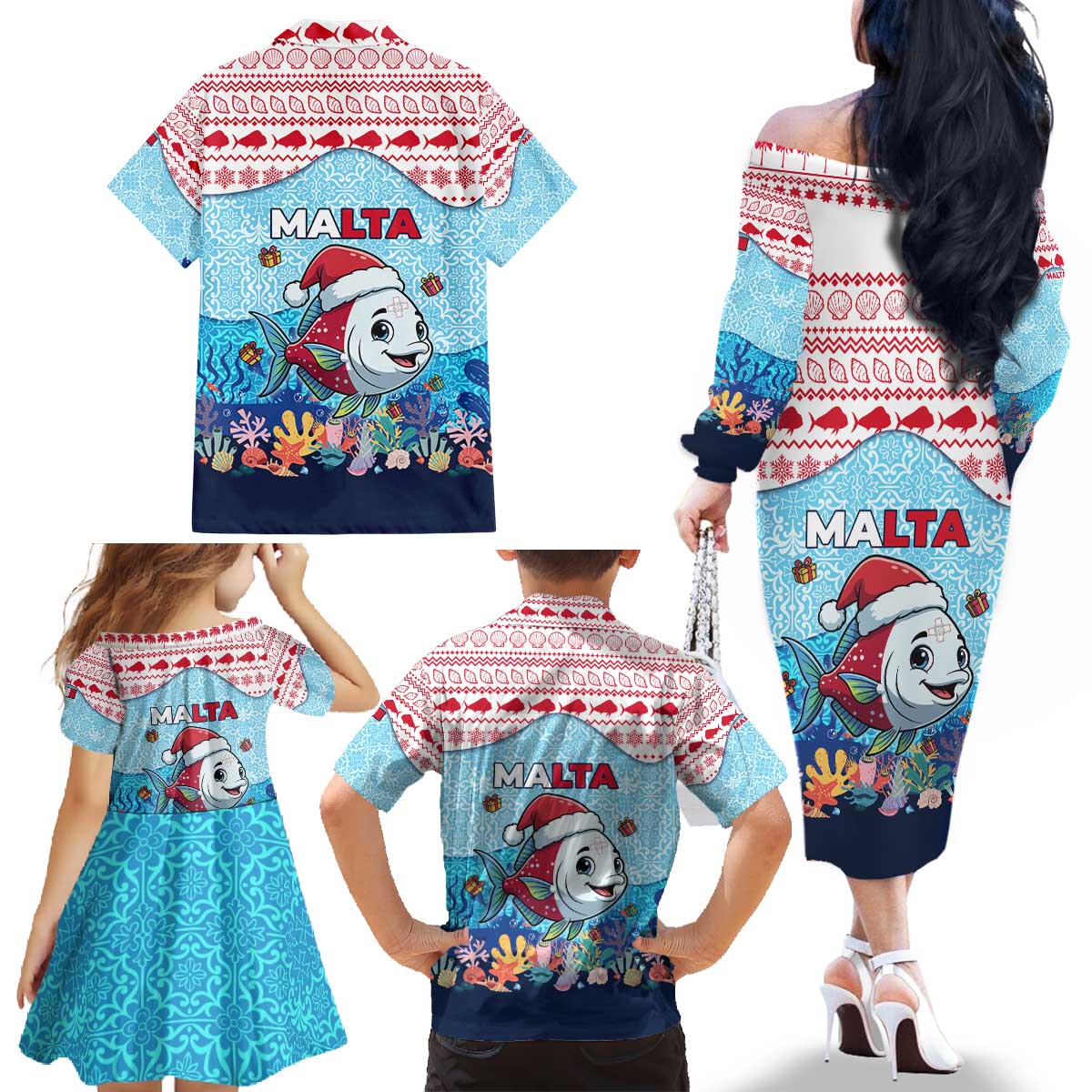 Malta Christmas Family Matching Off The Shoulder Long Sleeve Dress and Hawaiian Shirt with Santa Fish Malta Flag Coral Reef and Red Blue Festive Pattern Design - Wonder Print Shop