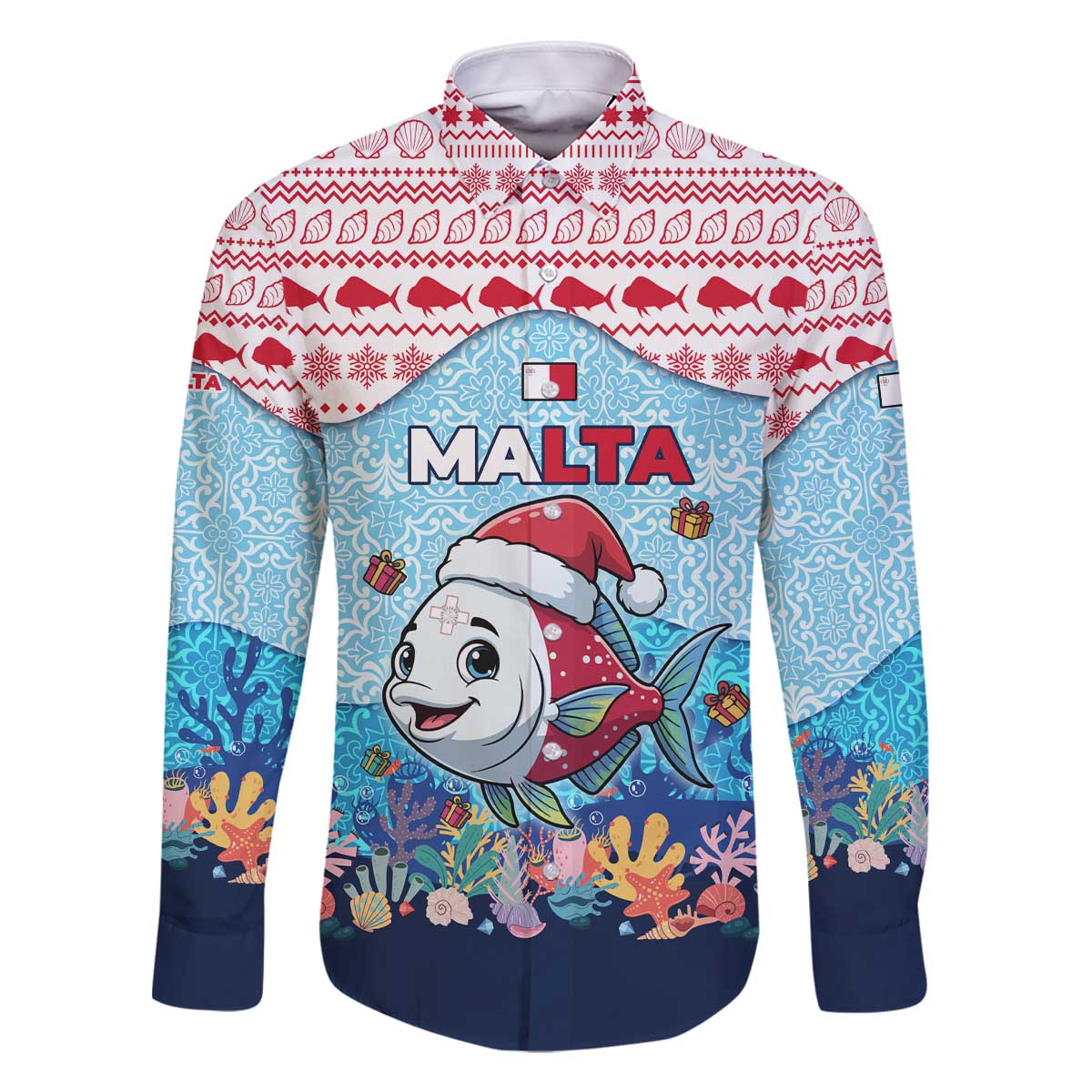 Malta Christmas Family Matching Off The Shoulder Long Sleeve Dress and Hawaiian Shirt with Santa Fish Malta Flag Coral Reef and Red Blue Festive Pattern Design - Wonder Print Shop