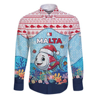 Malta Christmas Family Matching Off The Shoulder Long Sleeve Dress and Hawaiian Shirt with Santa Fish Malta Flag Coral Reef and Red Blue Festive Pattern Design - Wonder Print Shop