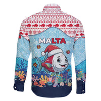Malta Christmas Family Matching Off The Shoulder Long Sleeve Dress and Hawaiian Shirt with Santa Fish Malta Flag Coral Reef and Red Blue Festive Pattern Design - Wonder Print Shop