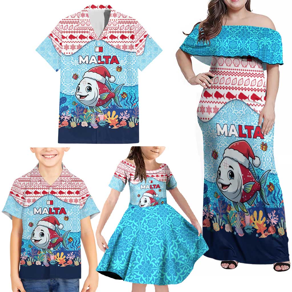 Malta Christmas Family Matching Off Shoulder Maxi Dress and Hawaiian Shirt with Santa Fish Malta Flag Coral Reef and Red Blue Festive Pattern Design - Wonder Print Shop
