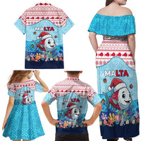 Malta Christmas Family Matching Off Shoulder Maxi Dress and Hawaiian Shirt with Santa Fish Malta Flag Coral Reef and Red Blue Festive Pattern Design - Wonder Print Shop