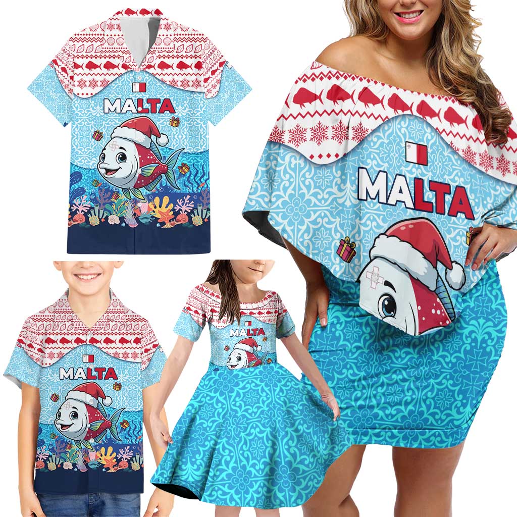 Malta Christmas Family Matching Off Shoulder Short Dress and Hawaiian Shirt with Santa Fish Malta Flag Coral Reef and Red Blue Festive Pattern Design - Wonder Print Shop