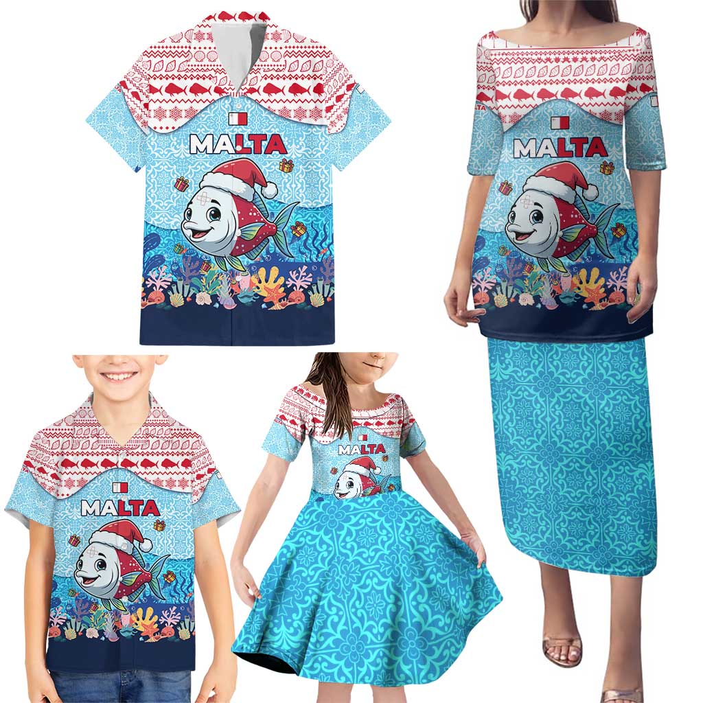 Malta Christmas Family Matching Puletasi and Hawaiian Shirt with Santa Fish Malta Flag Coral Reef and Red Blue Festive Pattern Design - Wonder Print Shop