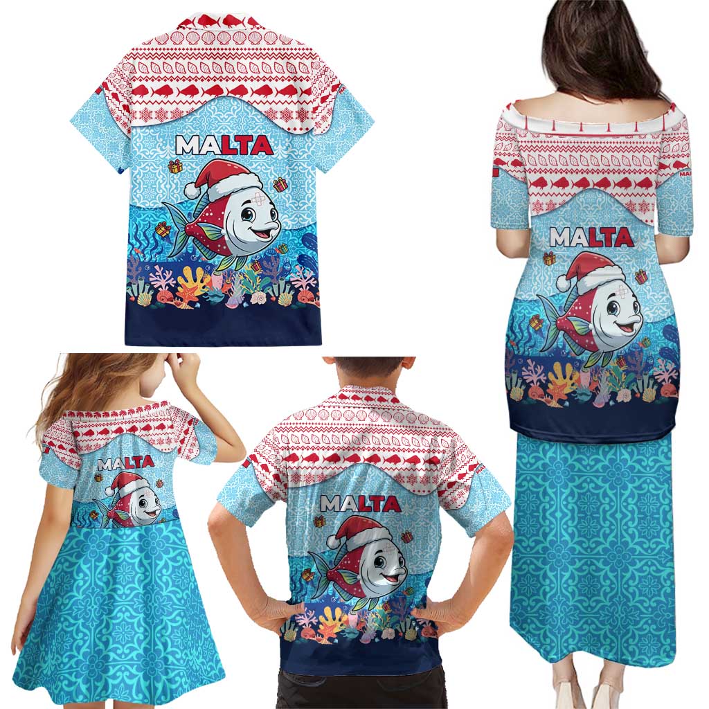 Malta Christmas Family Matching Puletasi and Hawaiian Shirt with Santa Fish Malta Flag Coral Reef and Red Blue Festive Pattern Design - Wonder Print Shop