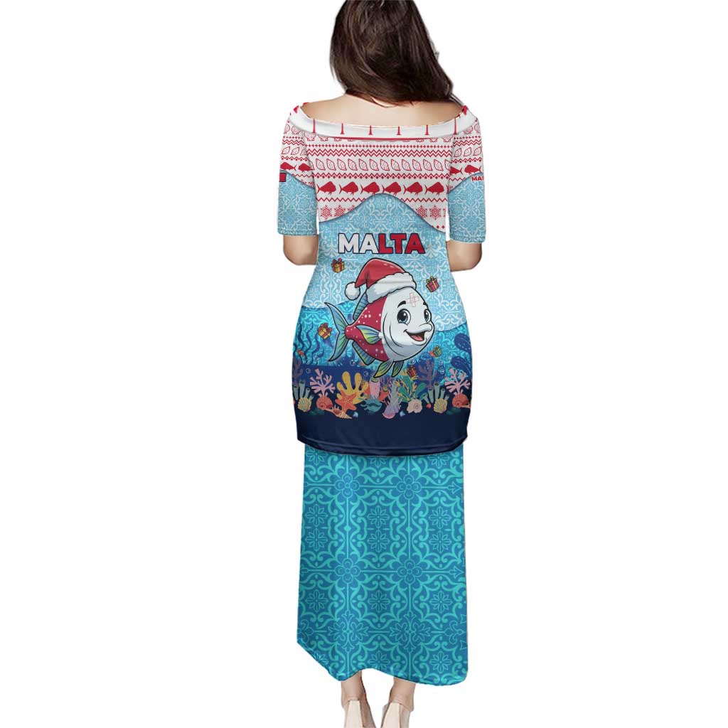 Malta Christmas Family Matching Puletasi and Hawaiian Shirt with Santa Fish Malta Flag Coral Reef and Red Blue Festive Pattern Design - Wonder Print Shop